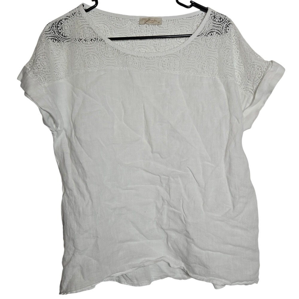 Bellambra White Linen Short Sleeve Top Medium Crochet Lace Italy Beach Coastal